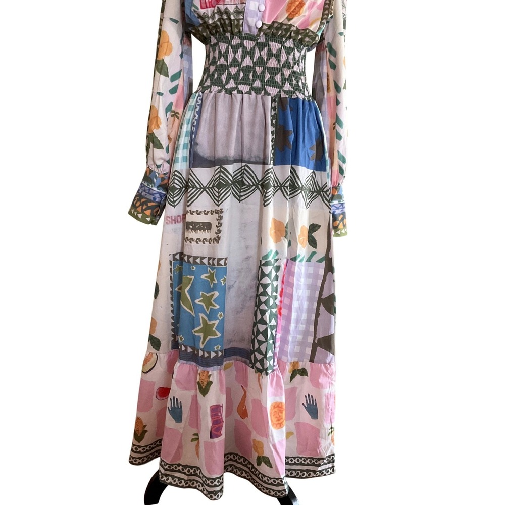 Women's Multi-Color Patchwork Maxi Dress - Long Sleeve - Picture 8 of 16